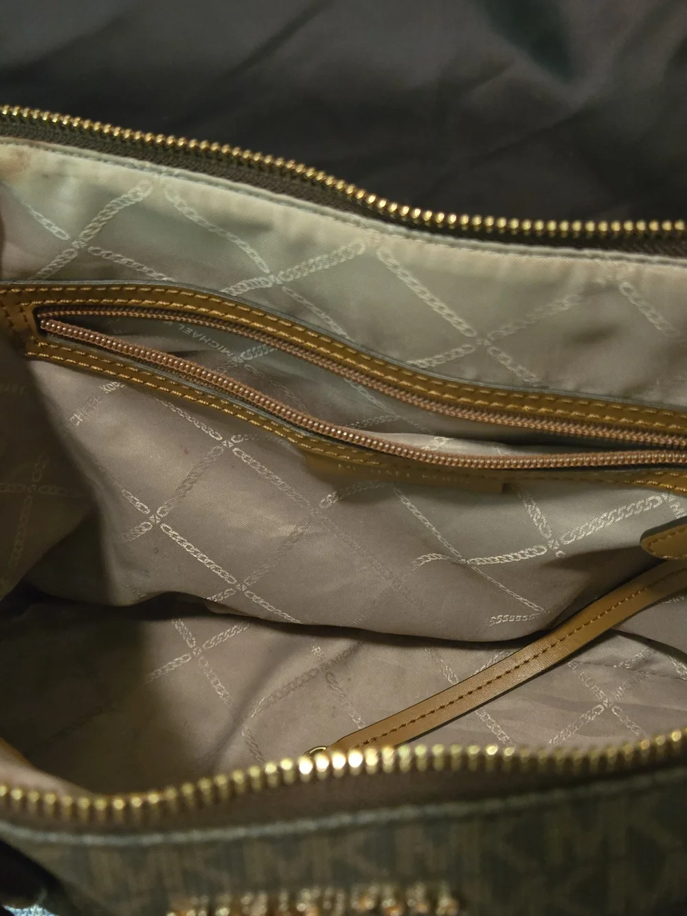 Michael Kors Tan and Black Signature Satchel with Gold Hardware